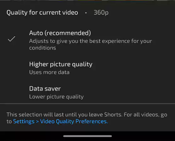 Short Video Quality Option