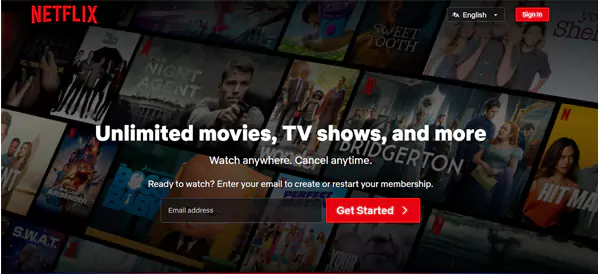Homepage of Netflix