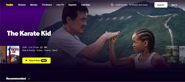 Homepage of TubiTV