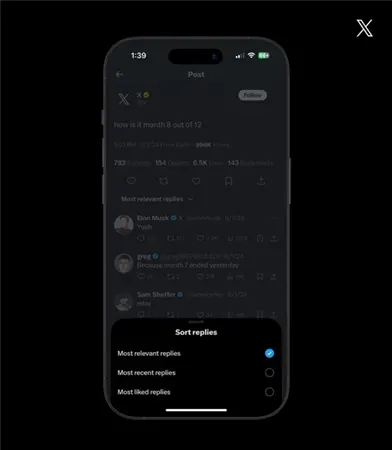 X app with options to sort replies to a post