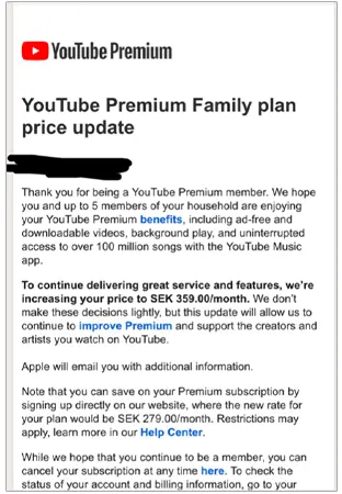 Email Message of Increased YouTube Premium Price