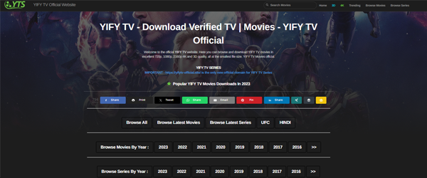 Yify TV homepage 