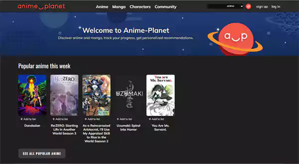 Anime Planets Homepage