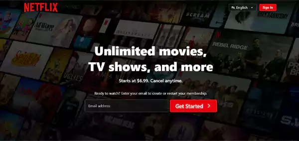 Welcome page of Netflix