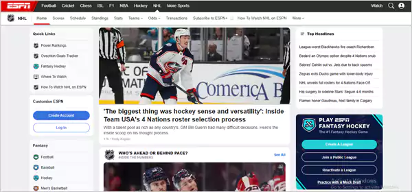 ESPN plus Homepage for NHL