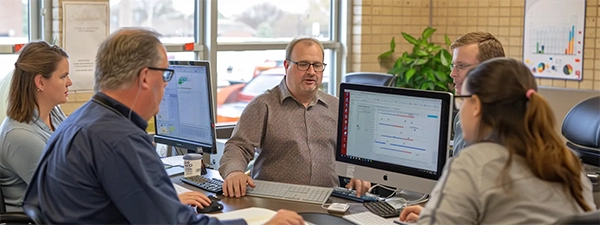 Team members engage in account planning, seated around a table with laptops, fostering collaboration and strategy development.